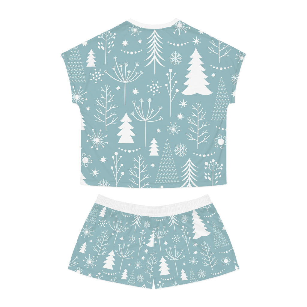 Cozy Women's Winter Pajama Set, Short Sleeves, Holiday Sleepwear, Christmas Gift, Comfortable Lounge Wear, Snowy Tree Pattern