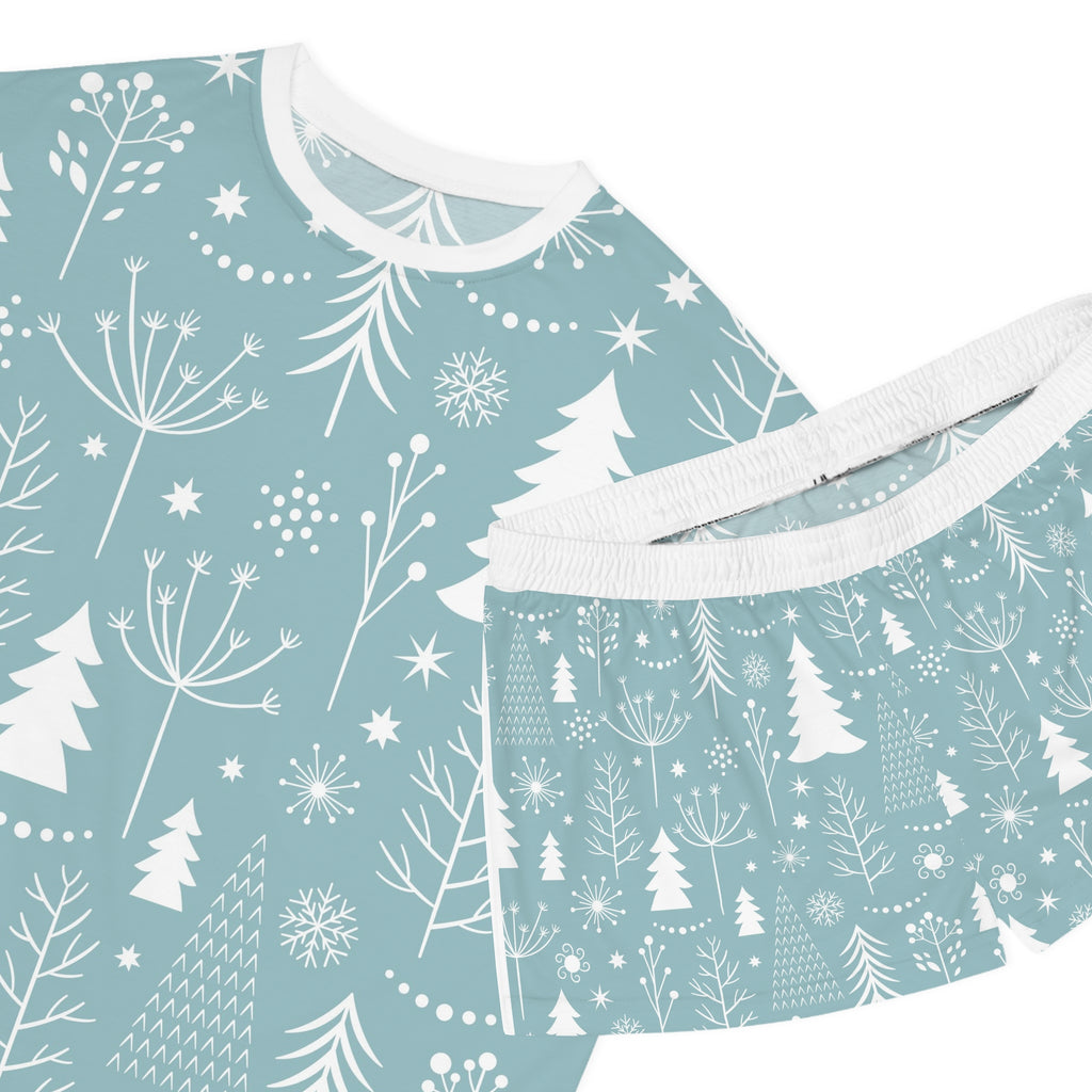 Cozy Women's Winter Pajama Set, Short Sleeves, Holiday Sleepwear, Christmas Gift, Comfortable Lounge Wear, Snowy Tree Pattern