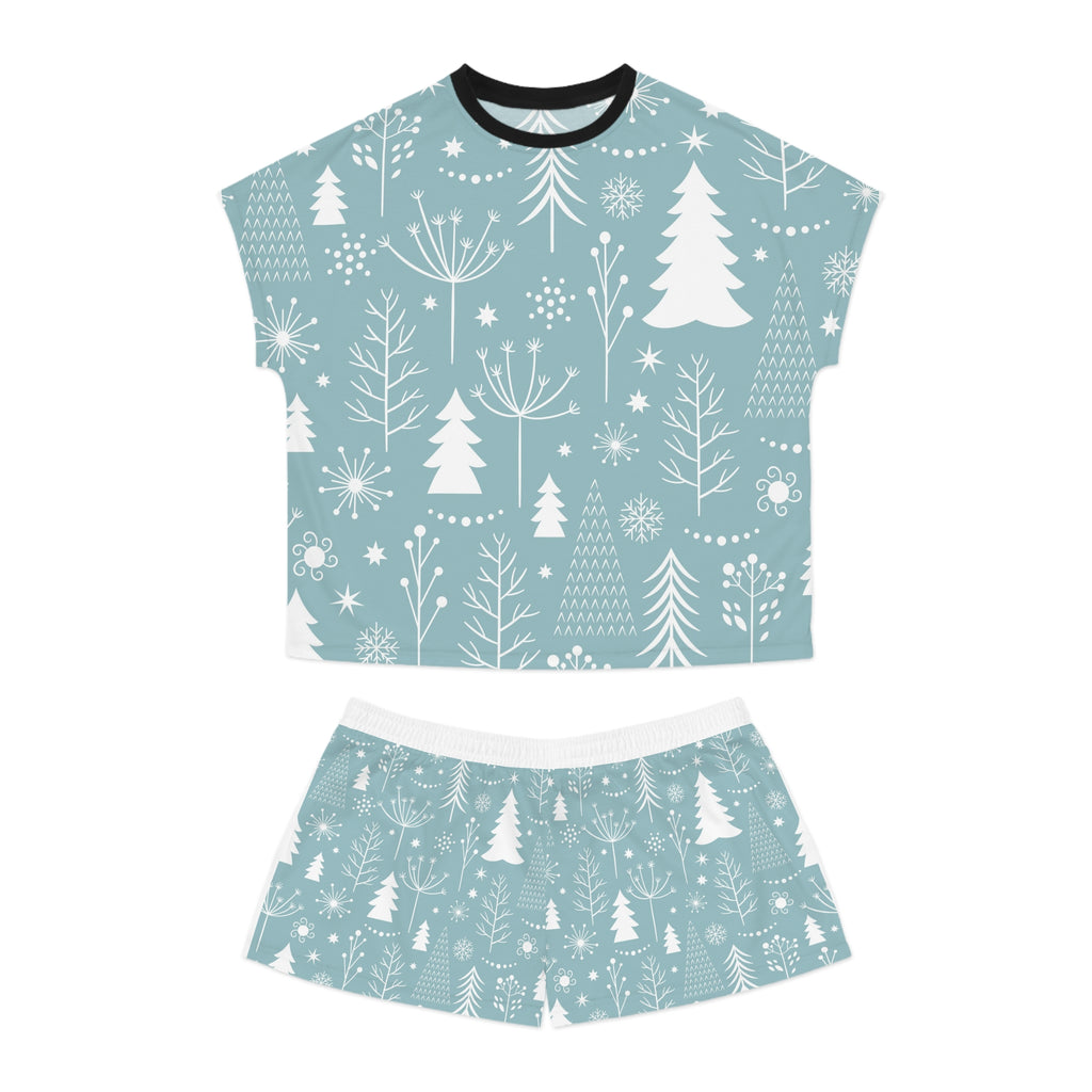 Cozy Women's Winter Pajama Set, Short Sleeves, Holiday Sleepwear, Christmas Gift, Comfortable Lounge Wear, Snowy Tree Pattern