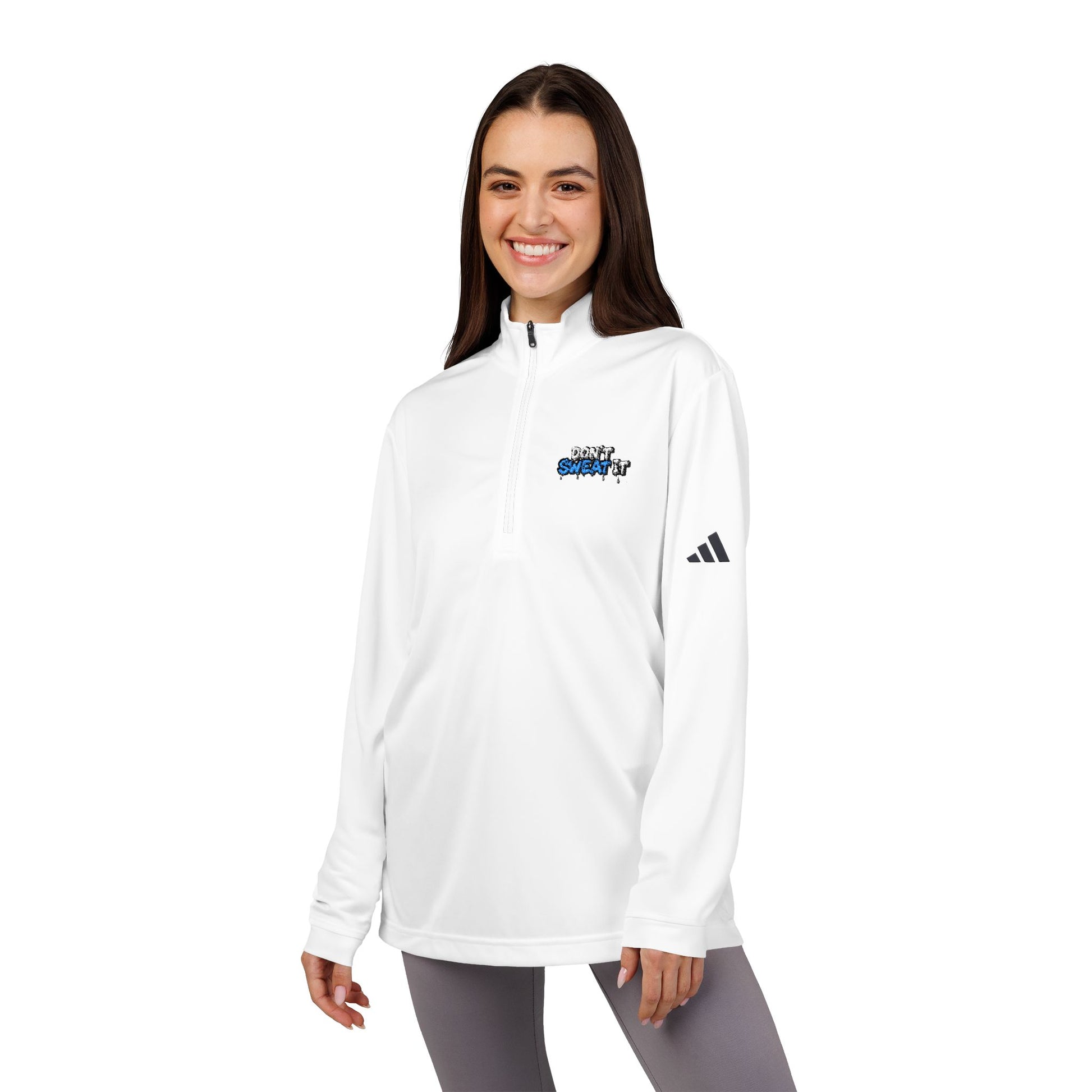 "Don't Sweat It" Adidas Quarter-Zip Pullover — White Performance Golf Top