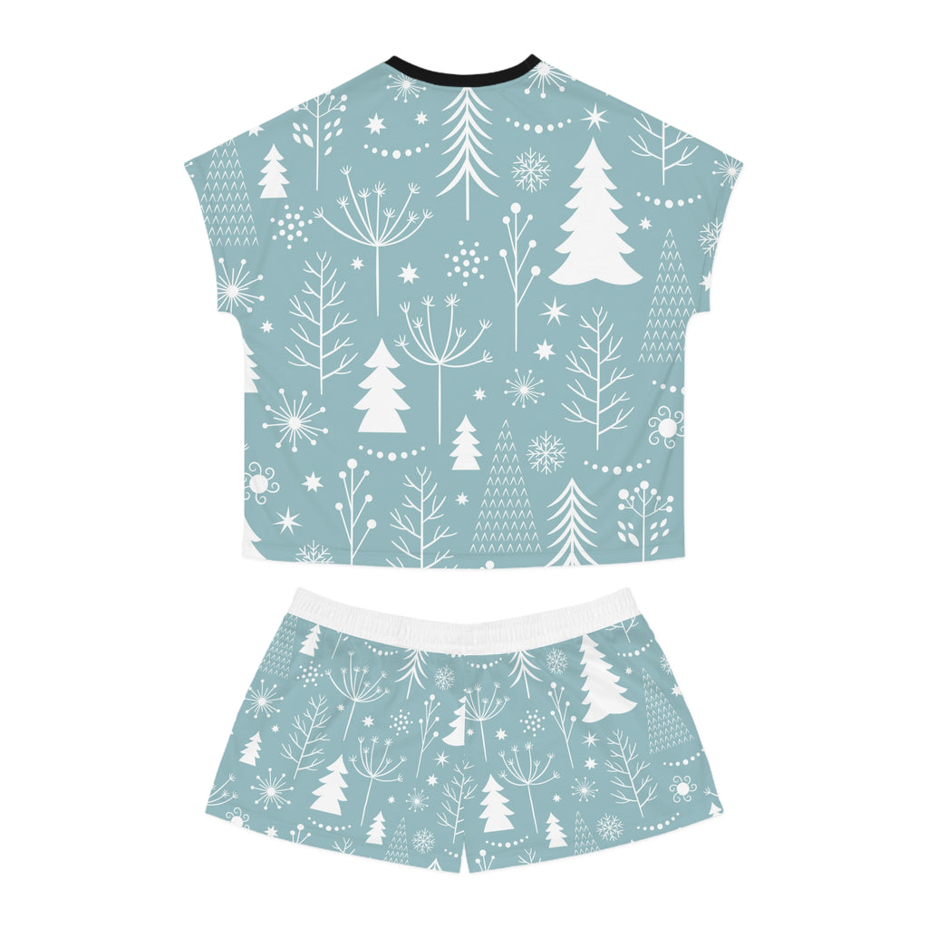 Cozy Women's Winter Pajama Set, Short Sleeves, Holiday Sleepwear, Christmas Gift, Comfortable Lounge Wear, Snowy Tree Pattern