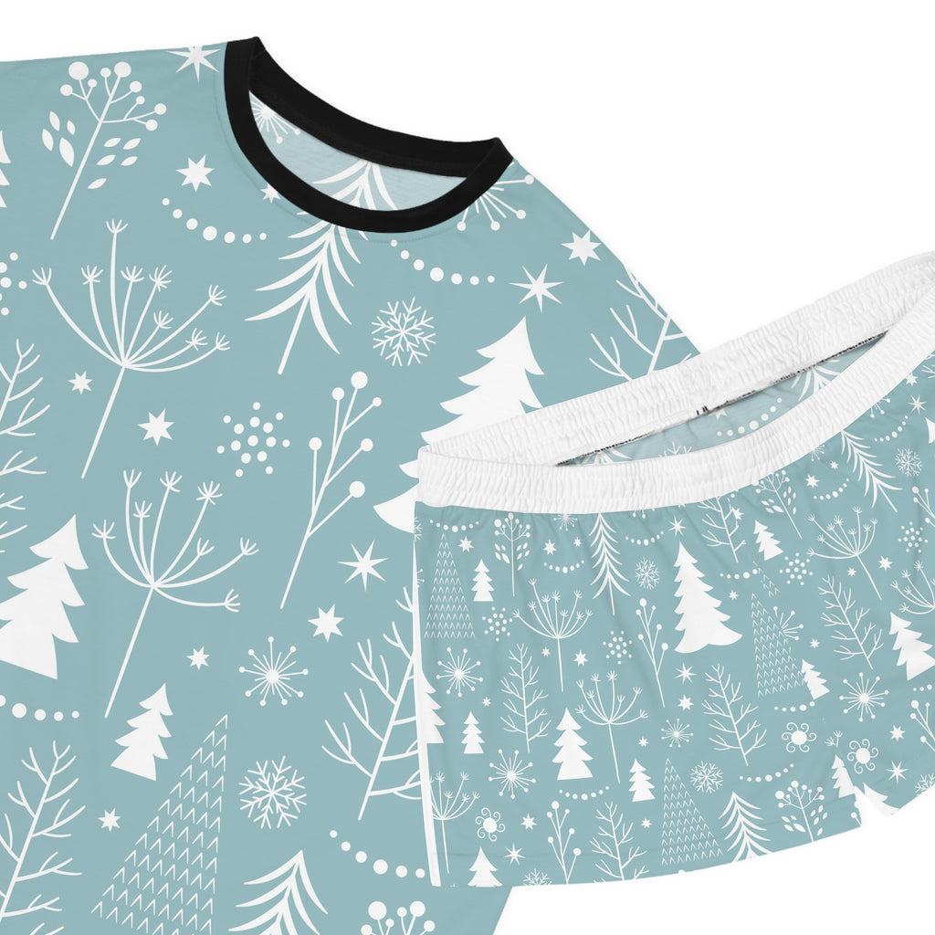 Cozy Women's Winter Pajama Set, Short Sleeves, Holiday Sleepwear, Christmas Gift, Comfortable Lounge Wear, Snowy Tree Pattern